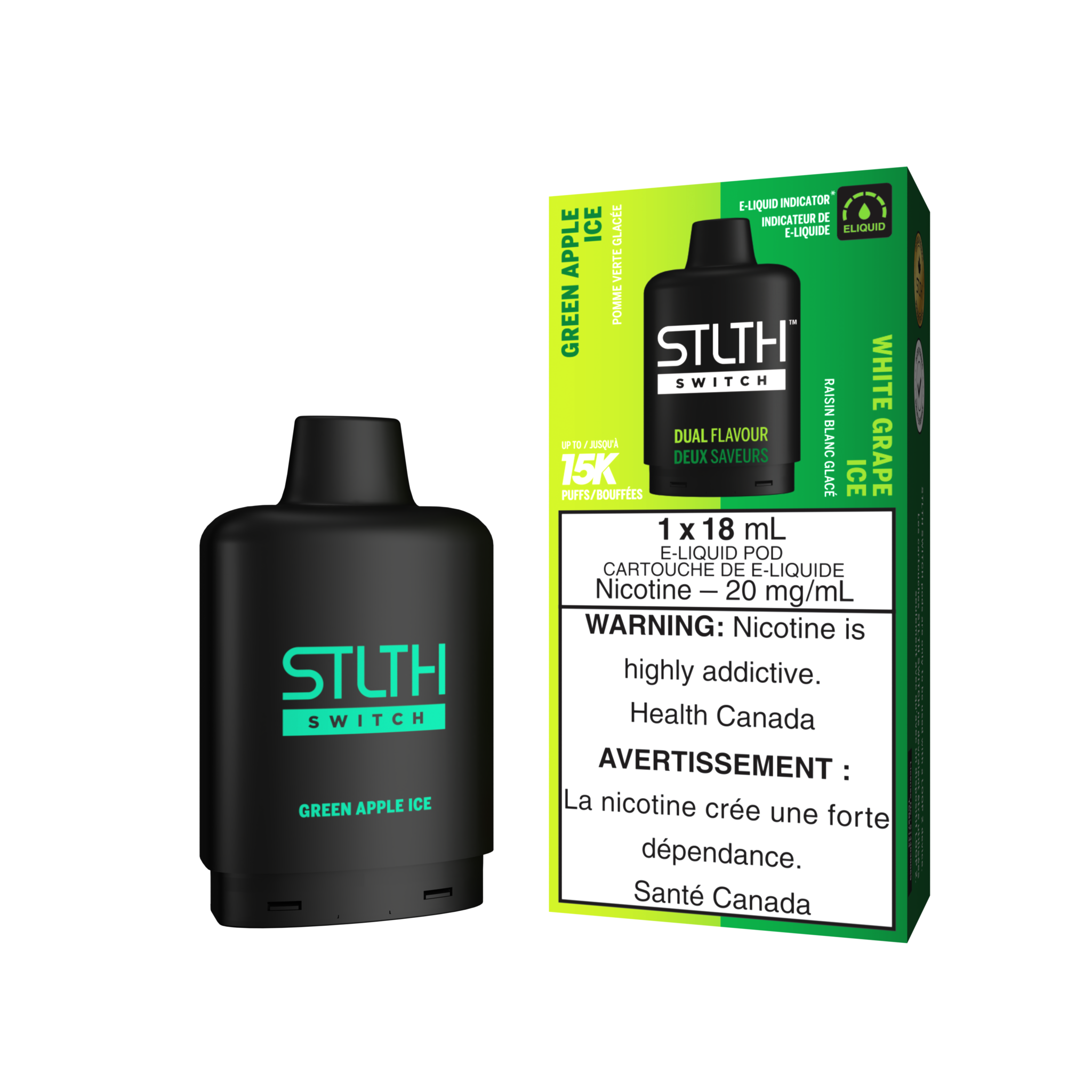 STLTH SWITCH PODS ON GREEN APPLE ICE & WHITE GRAPE ICE