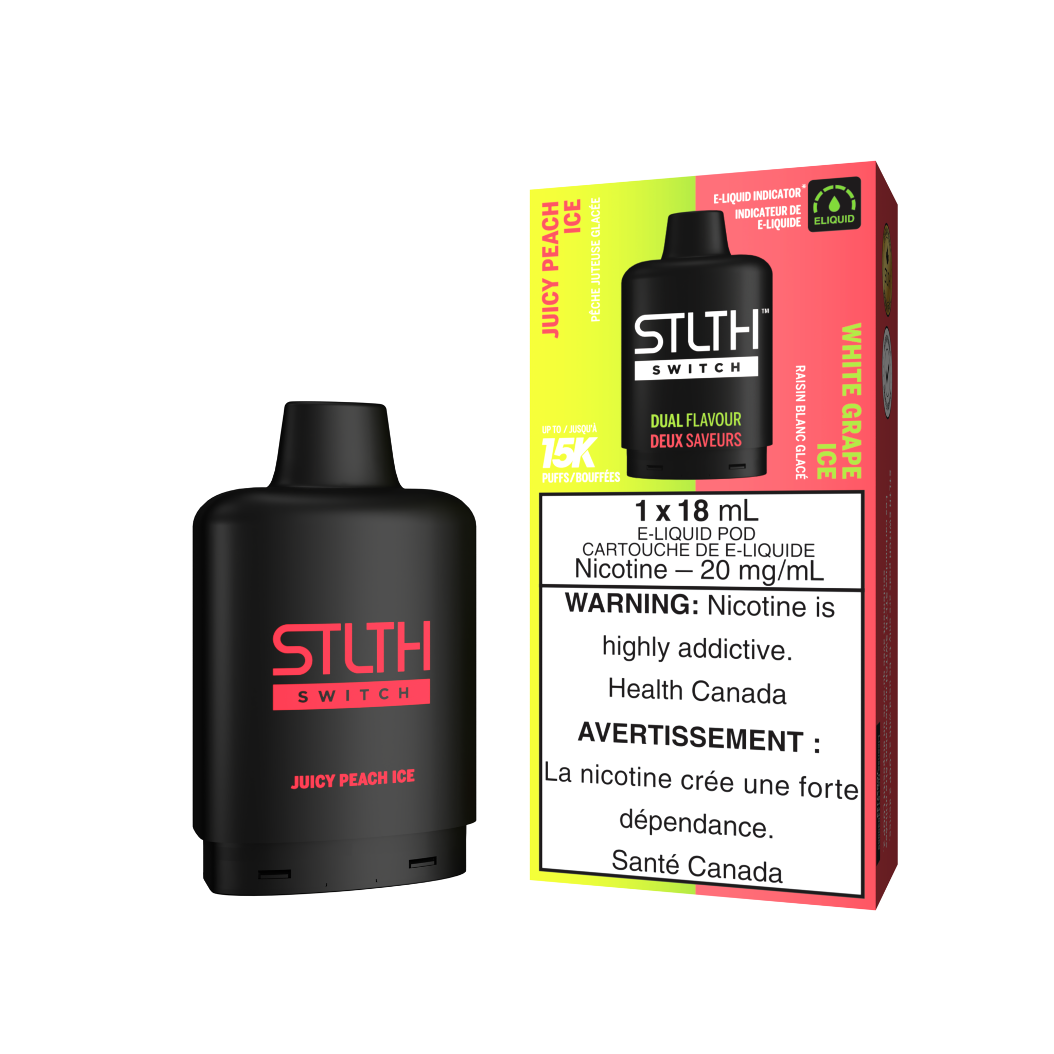 STLTH SWITCH PODS ON JUICY PEACH ICE & WHITE GRAPE ICE