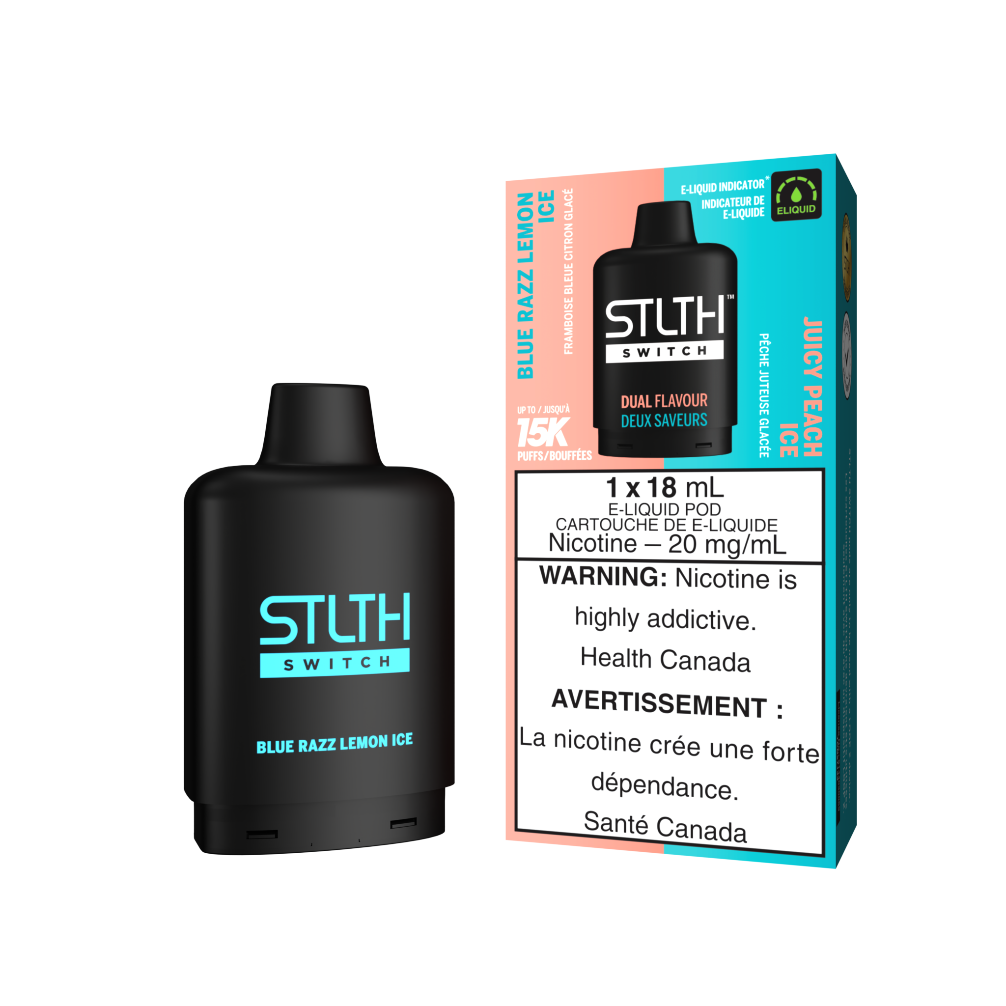STLTH SWITCH PODS ON BLUE RAZZ LEMON ICE & JUICY PEACH ICE