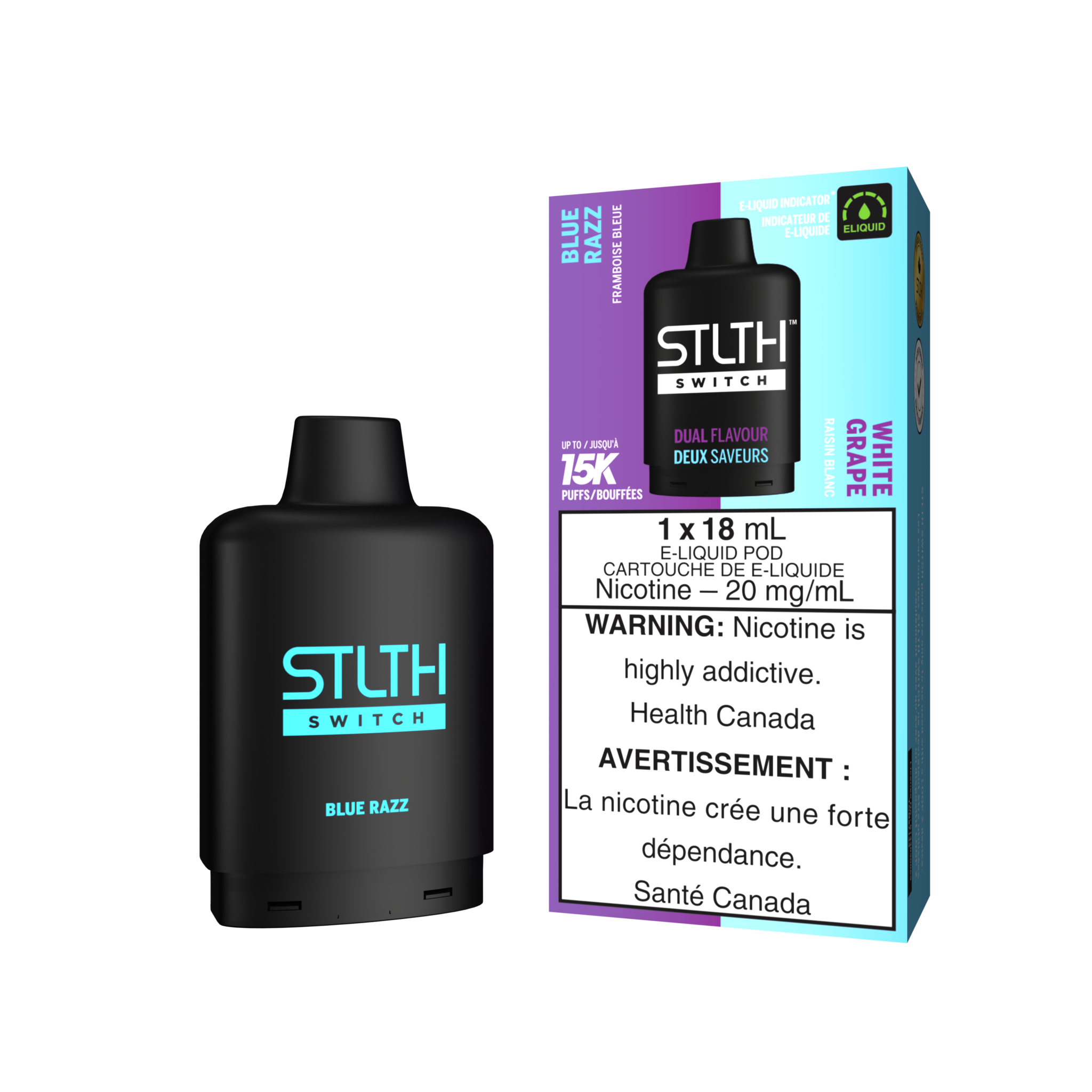 STLTH SWITCH PODS ON BLUE RAZZ & WHITE GRAPE