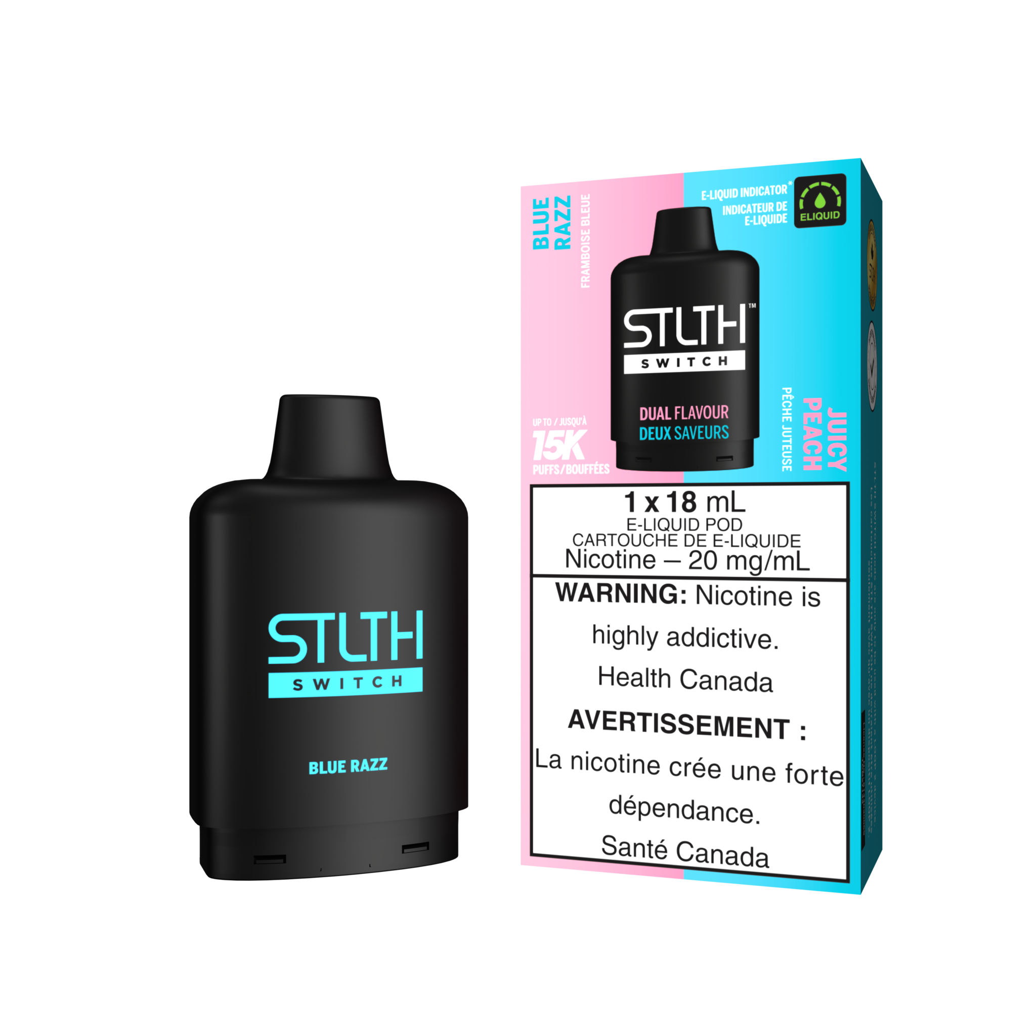 STLTH SWITCH PODS ON BLUE RAZZ & JUICY PEACH
