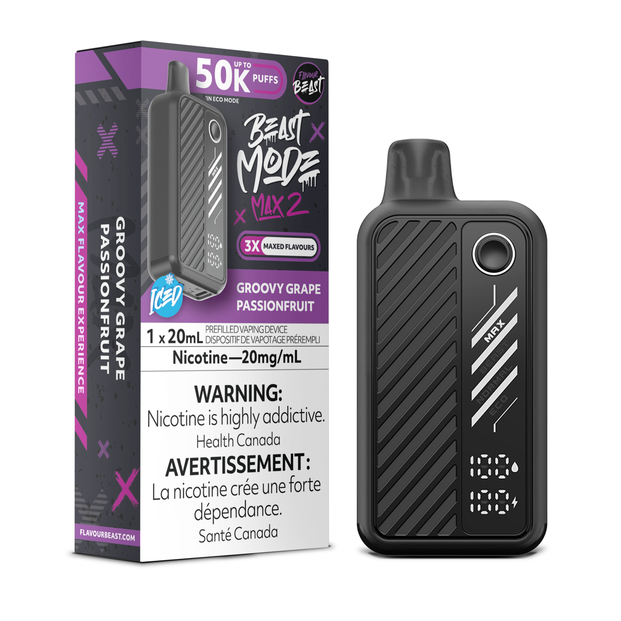 FLAVOUR BEAST BEAST MODE MAX 2 ON 50K GROOVY GRAPE PASSIONFRUIT