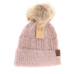 C C Beanie Soft Cuff Cable Knit Fur Pom CC