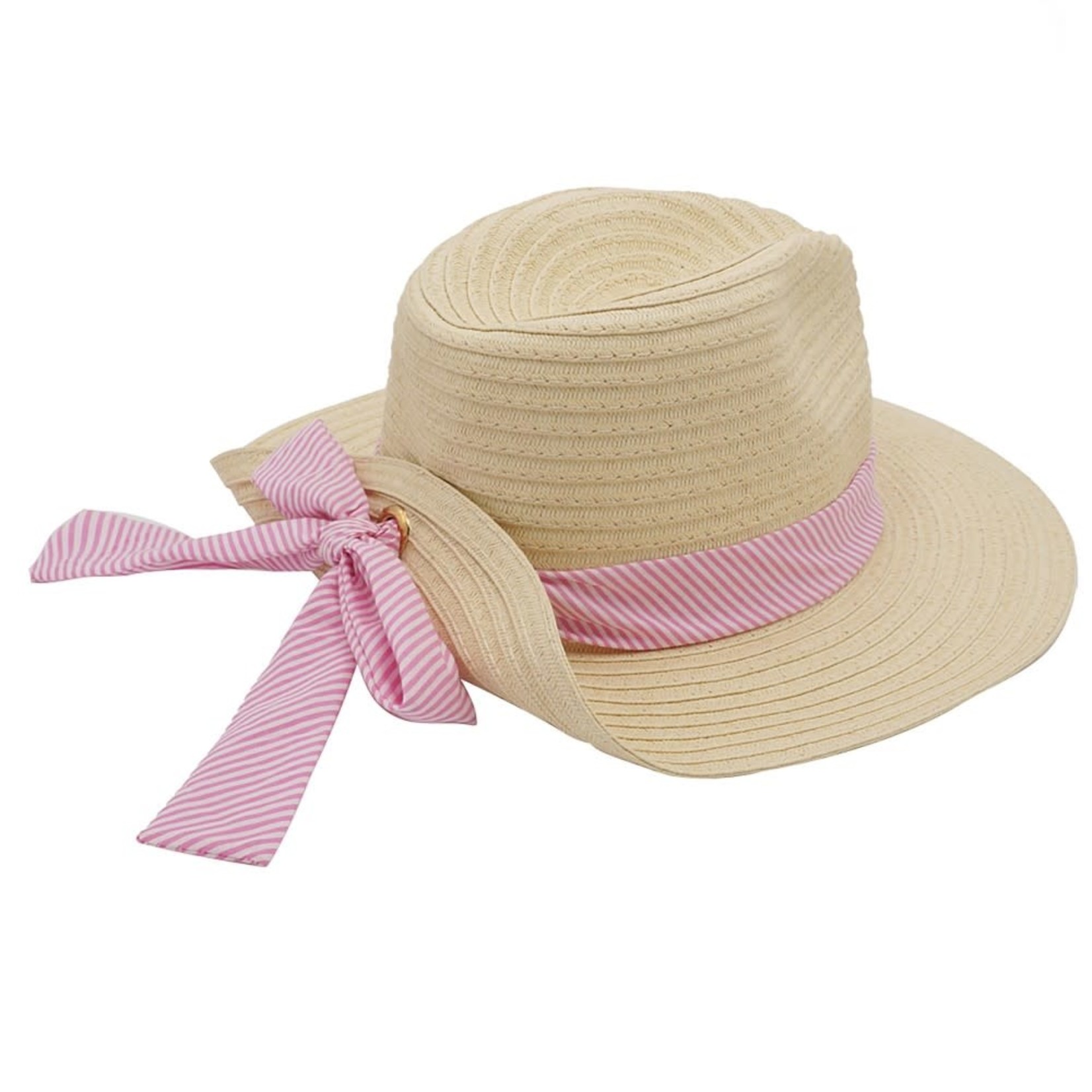 Straw Hat With Ribbon Bow Band And Pinned Back