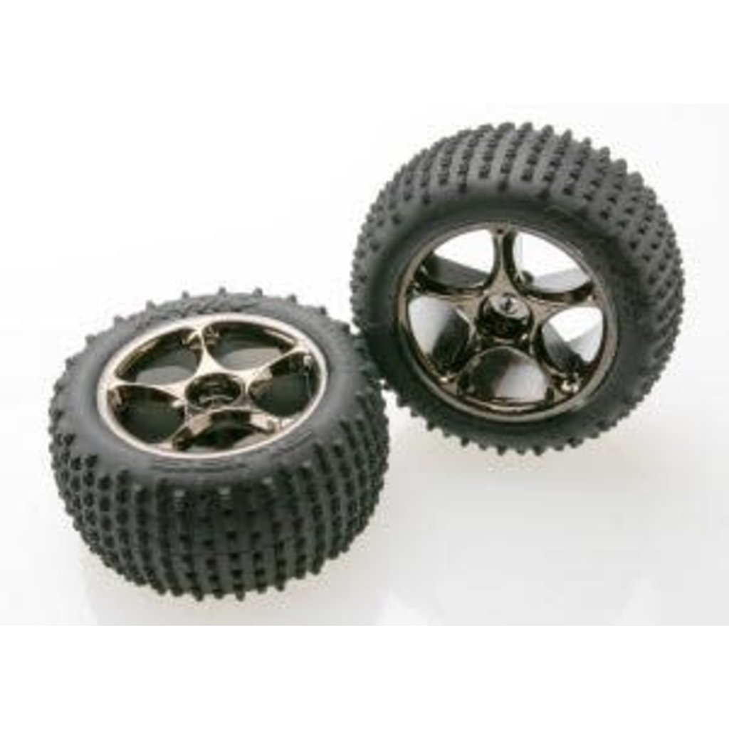 Traxxas TRAXXAS Tires & wheels, assembled (Tracer 2.2' black chrome wheels, Alias 2.2' tires) (2) (Bandit rear, medium compound with foam inserts) (TSM rated)