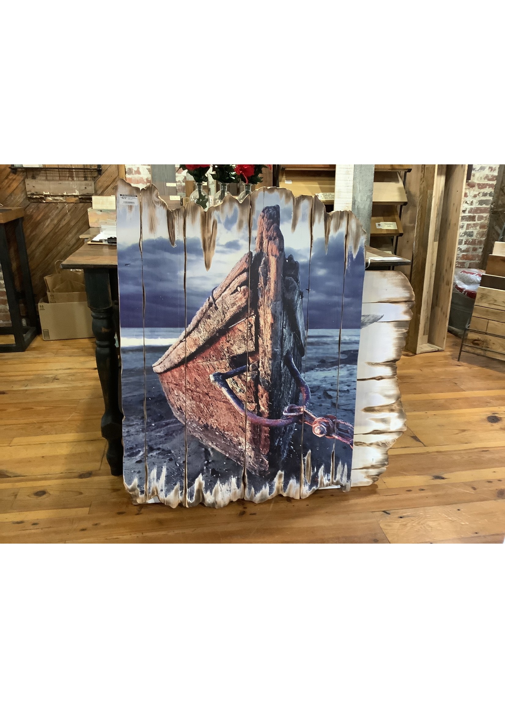 OW Boat with Red Chain - Burned Plank Art 36 x 46