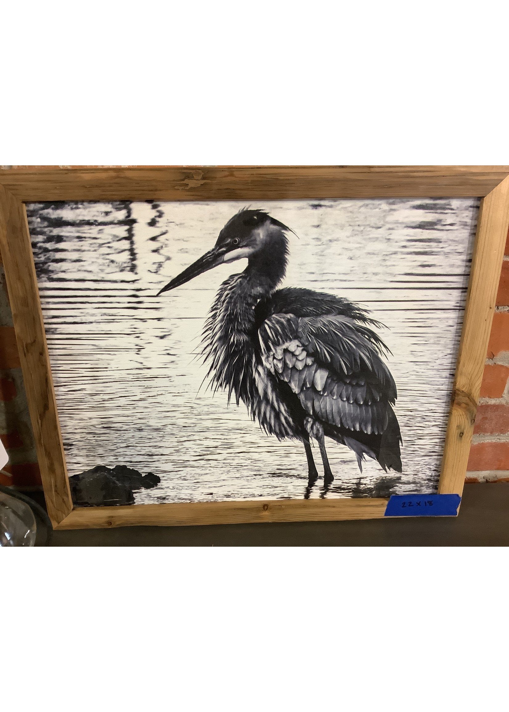 Old Wood Delaware OW Framed Canvas Art - Black and White Single Crane 22x18