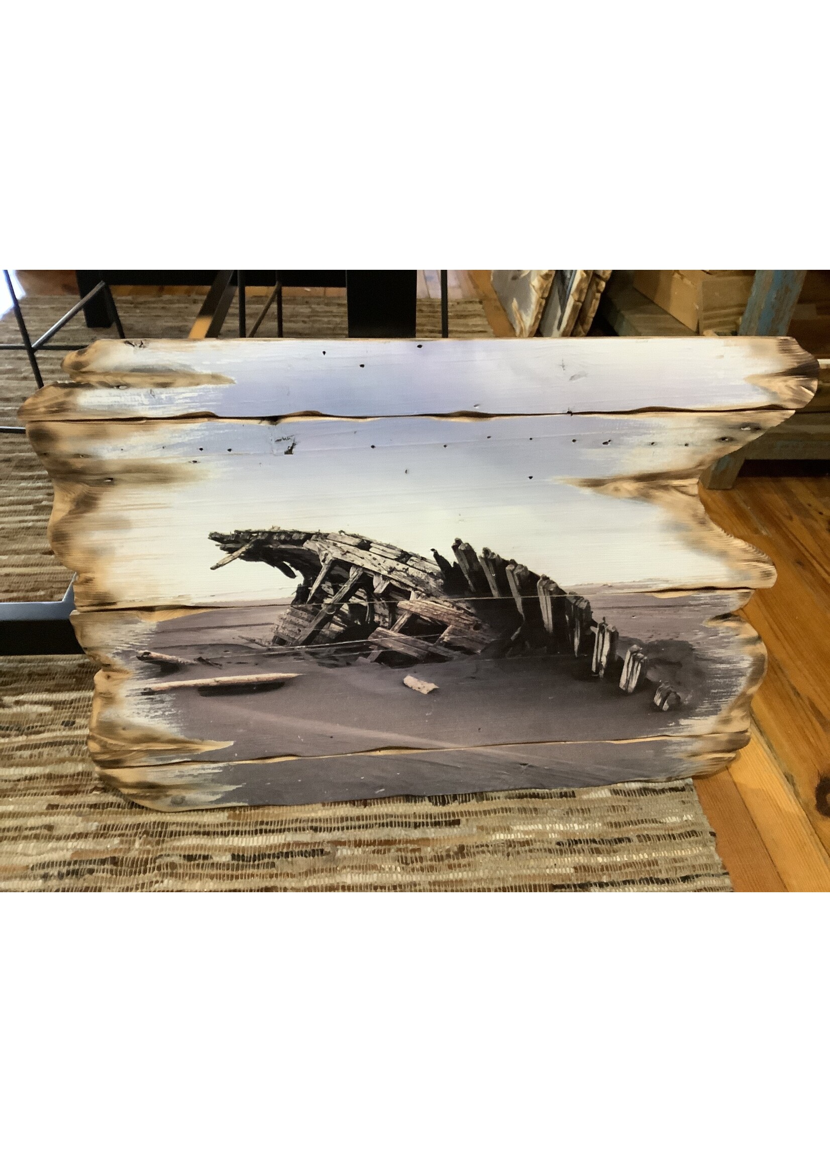 Old Wood Delaware OW Shipwreck on Beach - Burned Plank Art 36x24