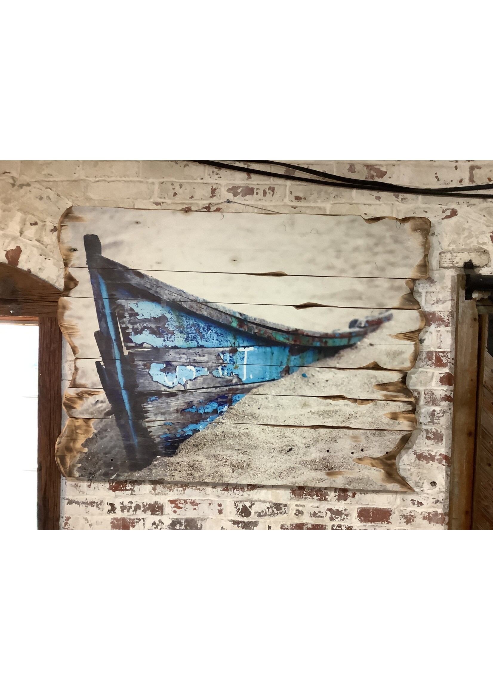 Old Wood Delaware OW Blue Bow of Boat in Sand Burned Board Wall Art 35 x 44