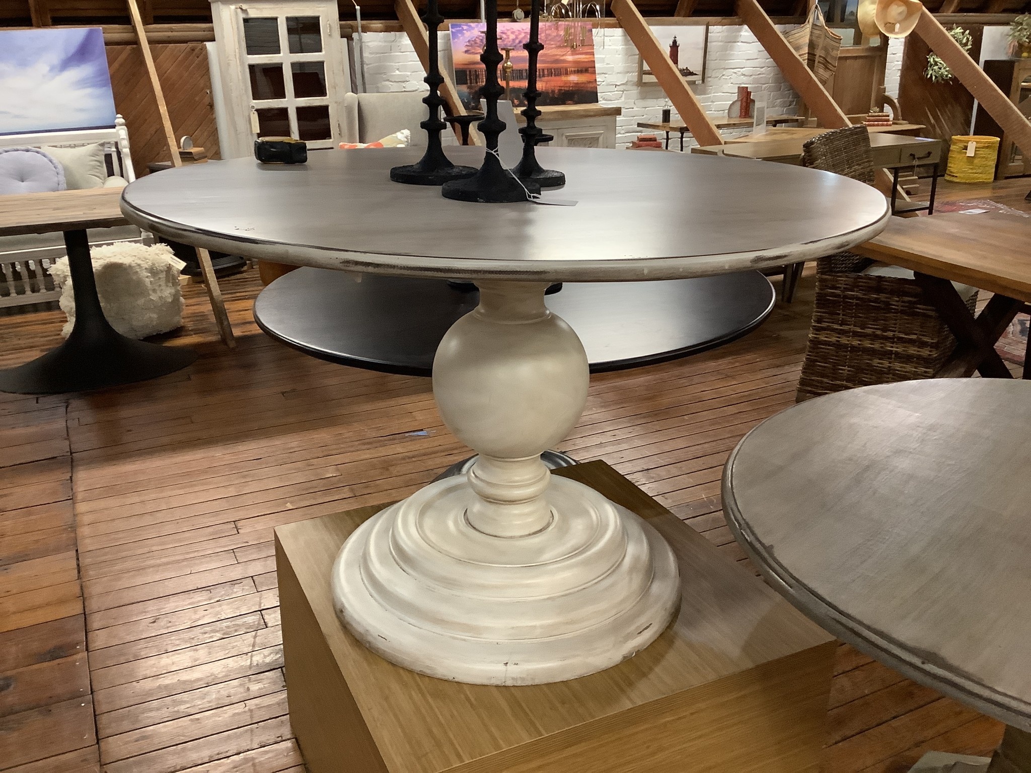 Iron Butterfly Imports White Distressed 48” Round w/ Ball Pedestal