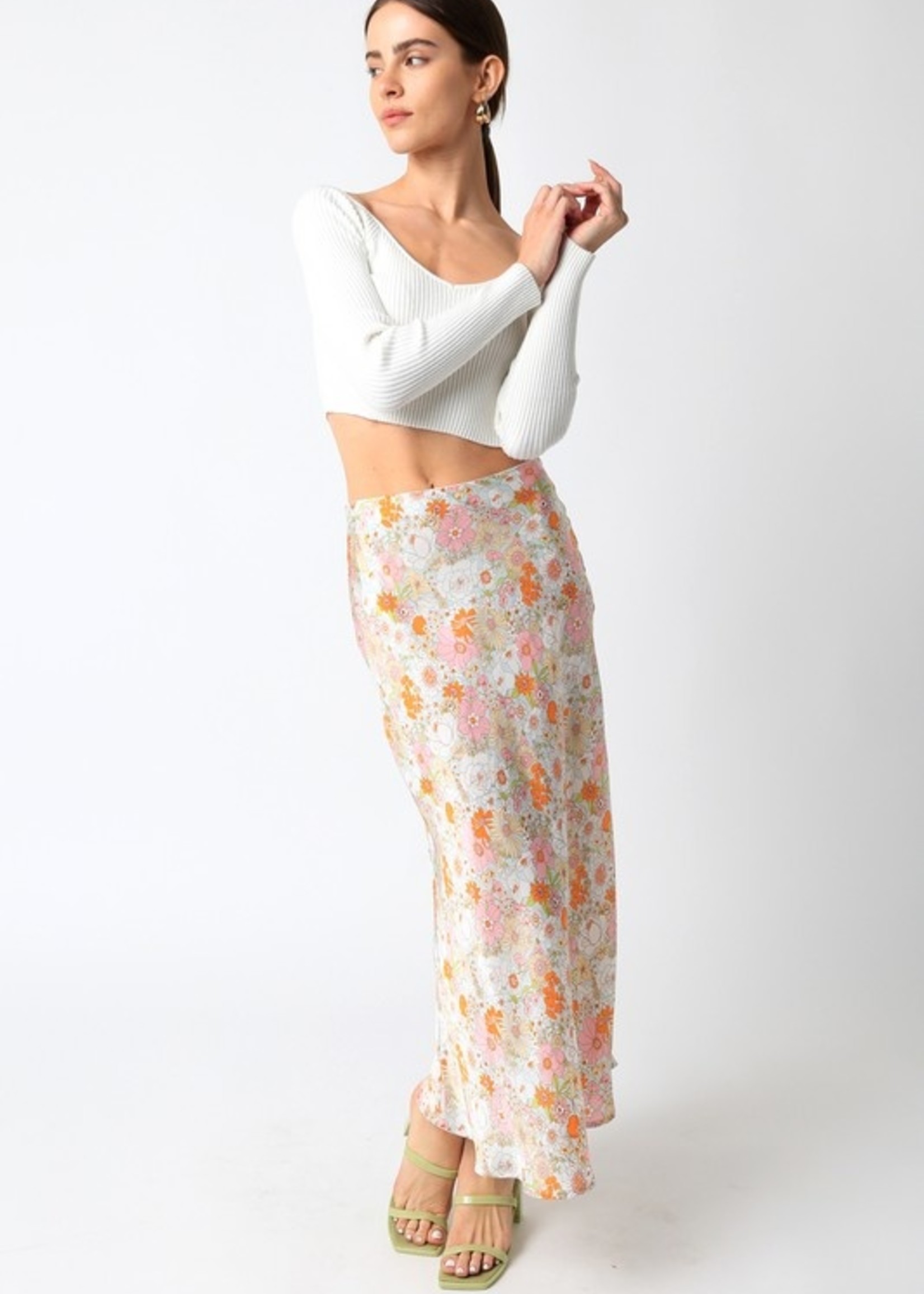 Satin Floral Midi Skirt