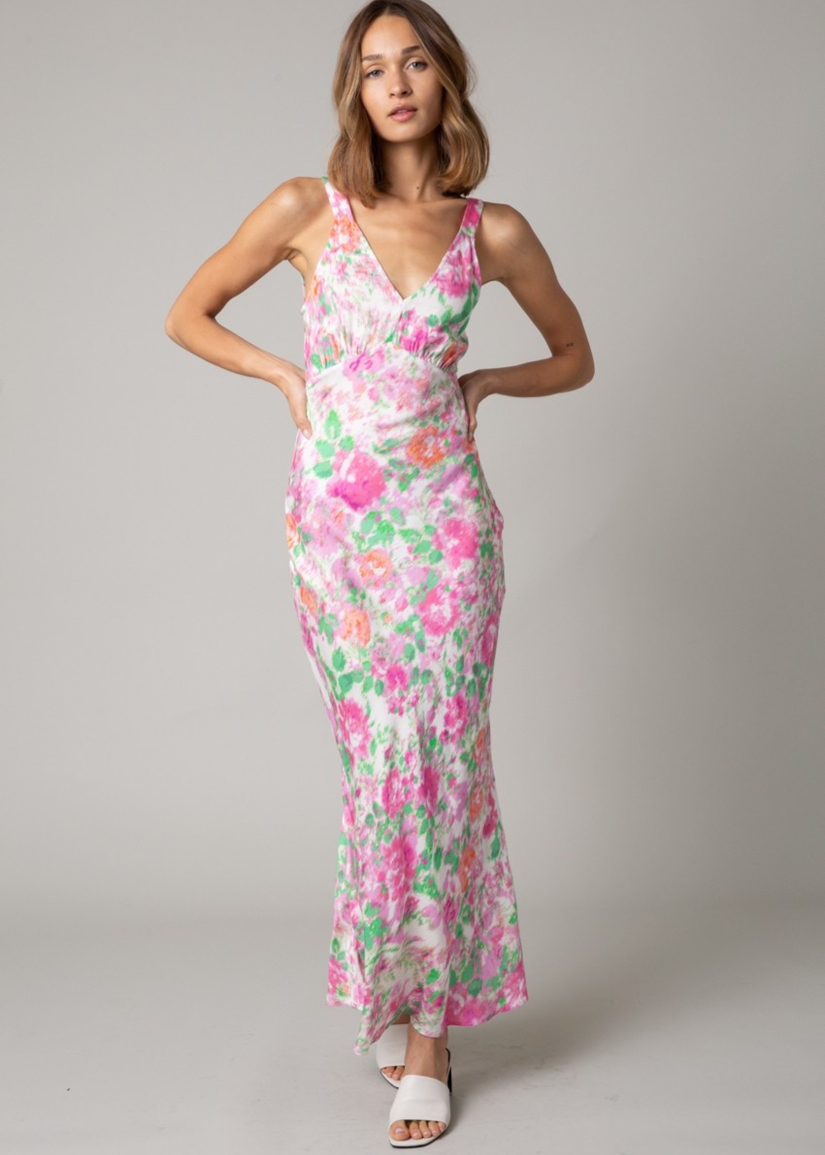 Satin Abstract Florals Maxi Dress