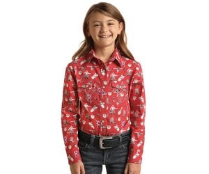 Panhandle Girl's Red Cowboy Design LS Pearl Snap Shirt