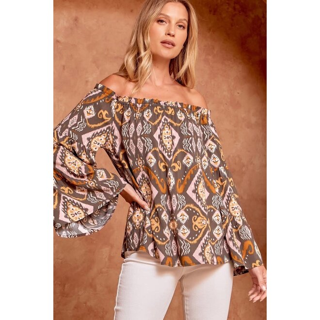 The Cleo Aztec Off The Shoulder Bell Sleeve Top