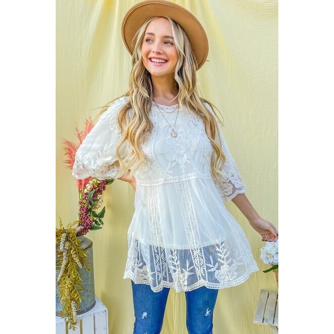 The Anastasia Floral Embroidered Mesh Tunic Top