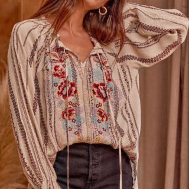 Embroidered Split Neck Top