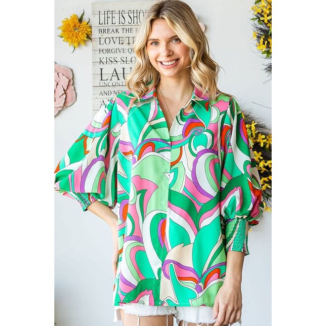 Curvy Abstract Print 3/4 Sleeve Collared Satin Blouse