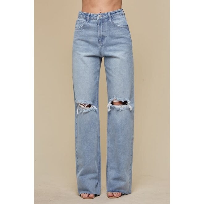 Dark Blue Ripped Straight Jeans Distressed Loose Fit Slash - Temu