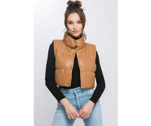 Love Tree Cropped Puffer Vest for Women in Brown