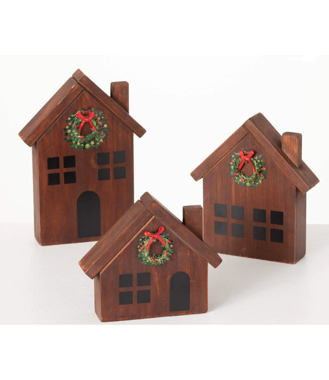 Sullivans Gift Wood House w/ Wreath Set of 3