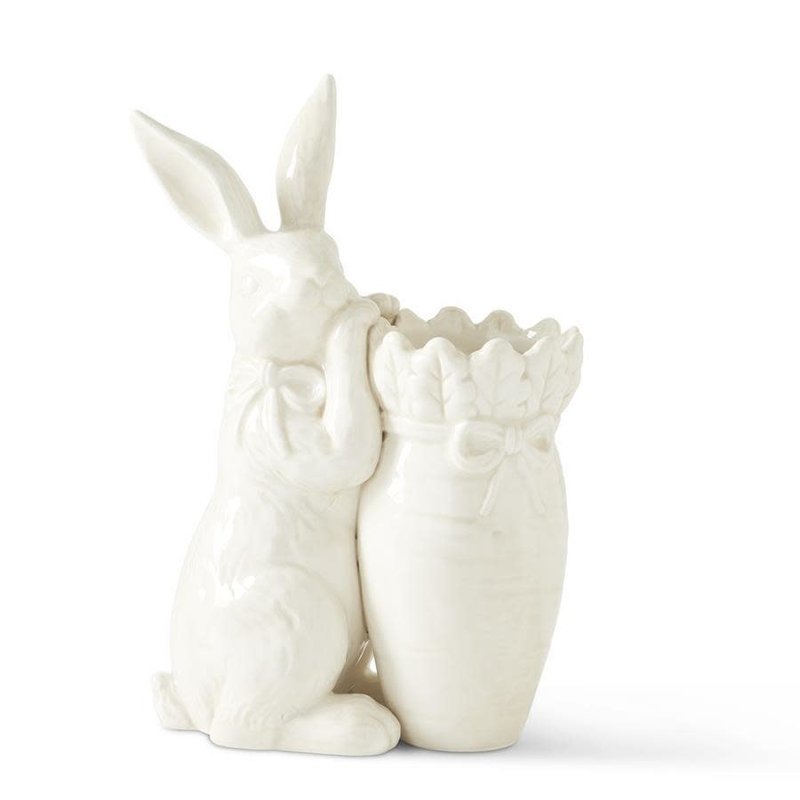9" Antiqued White Dolomite Carrot Vase w/ Rabbit