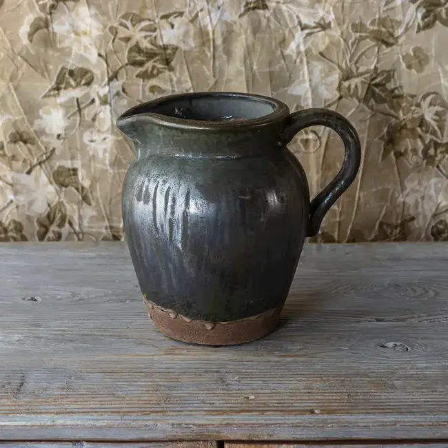 Aged Olive Flower Pitcher Vase