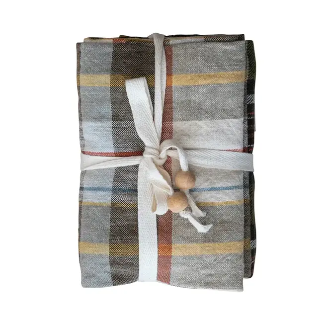 Printed Tea Towel with Tie & Wooden Beads - Set of 3