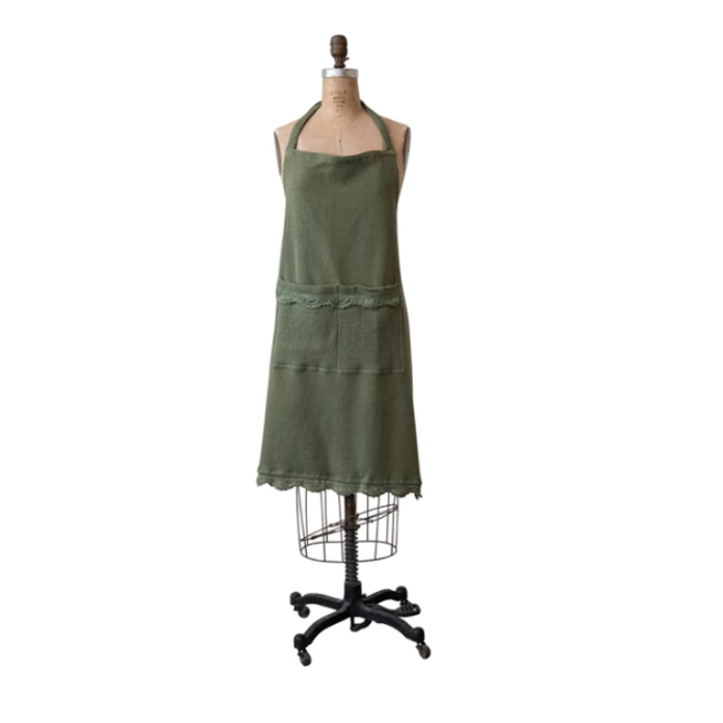 Cotton Waffle Weave Apron with Pockets and Lace