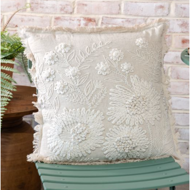 Stonewash Embroidered Flower Pillow 18” Square