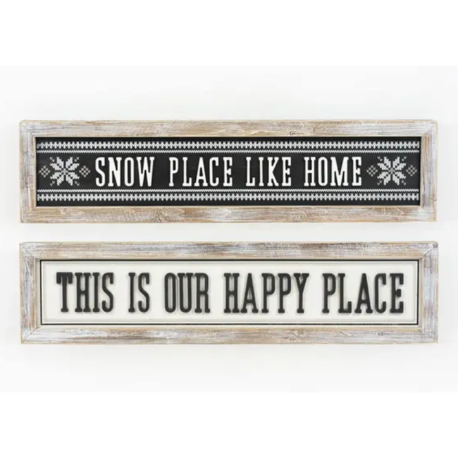 Snow / Happy Place Reversible Wood Framed Sign 37 x 9