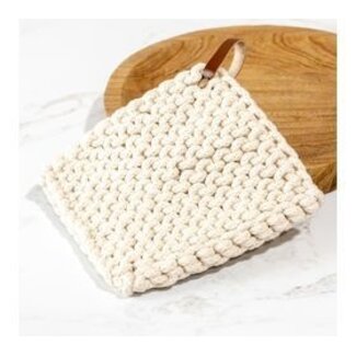 Leather Strap Cream Knit Pot Holder