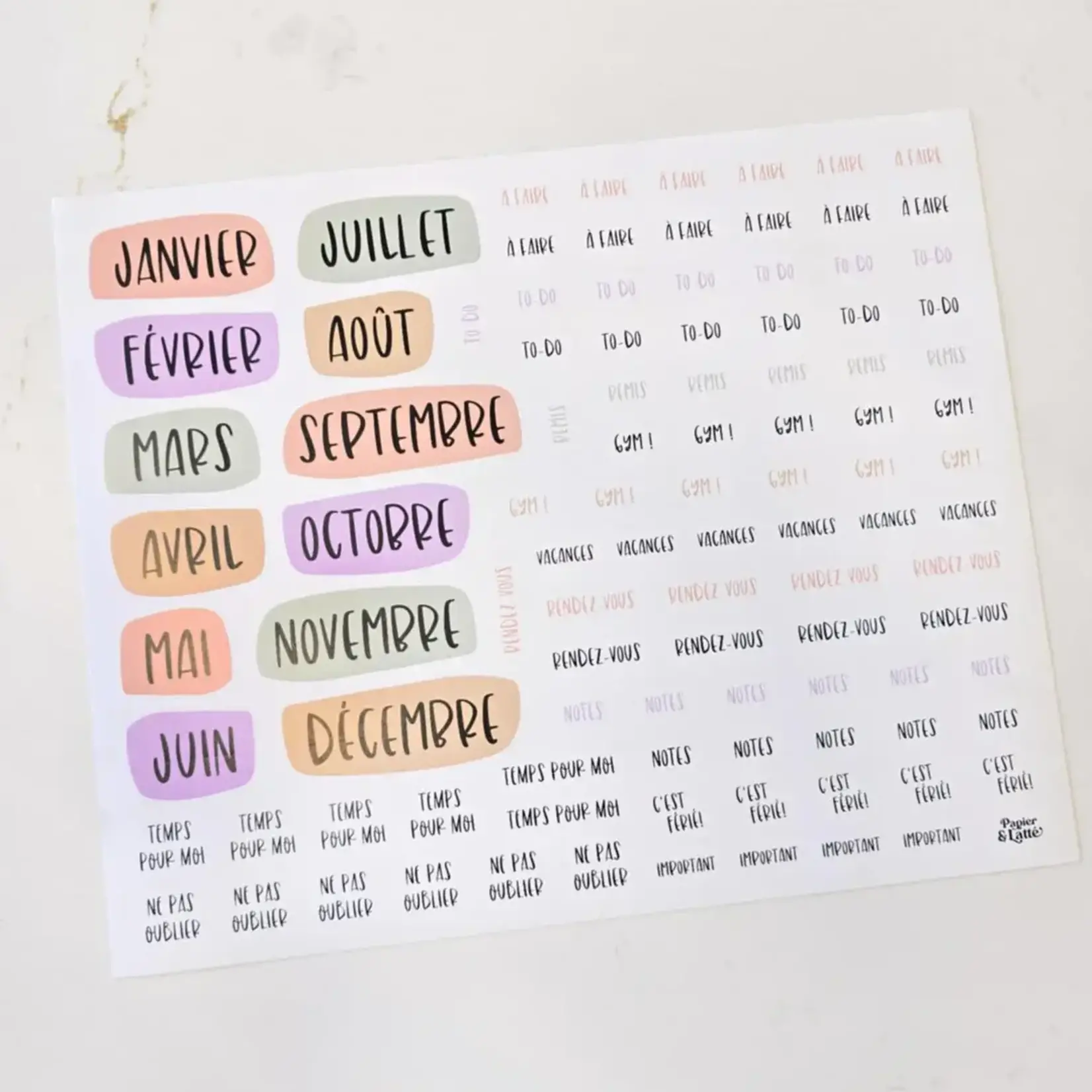 Papier & Latté Feuille d'autocollants - Mois et mots clés - 4e édition