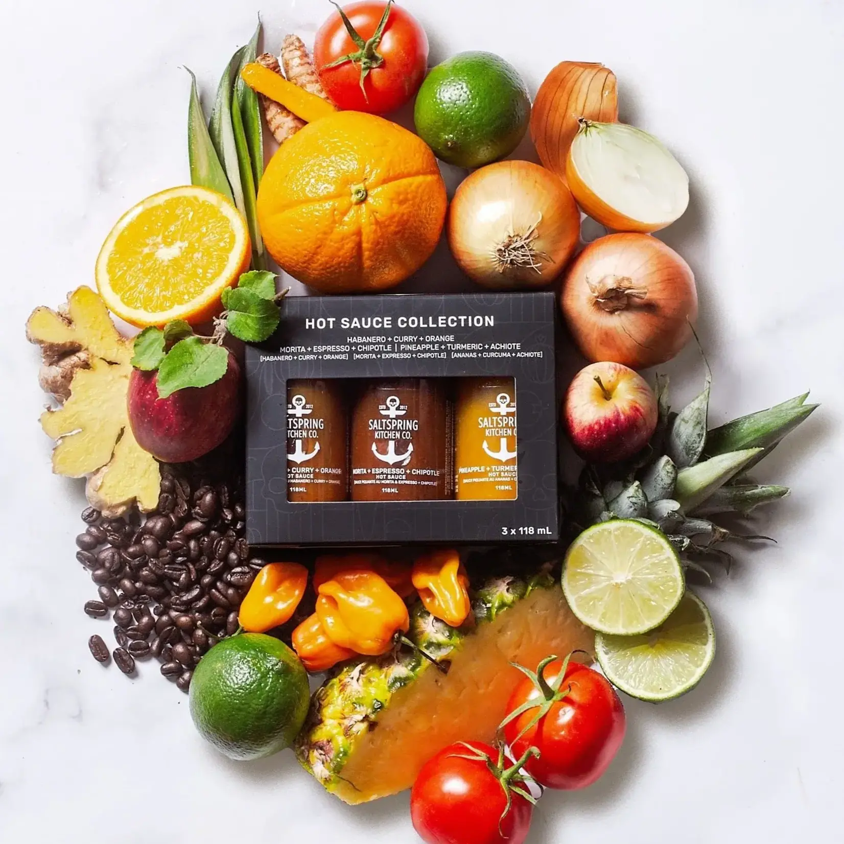 SaltSpring Kitchen ltd Collection hot sauce  - Habanero, Morita et Ananas