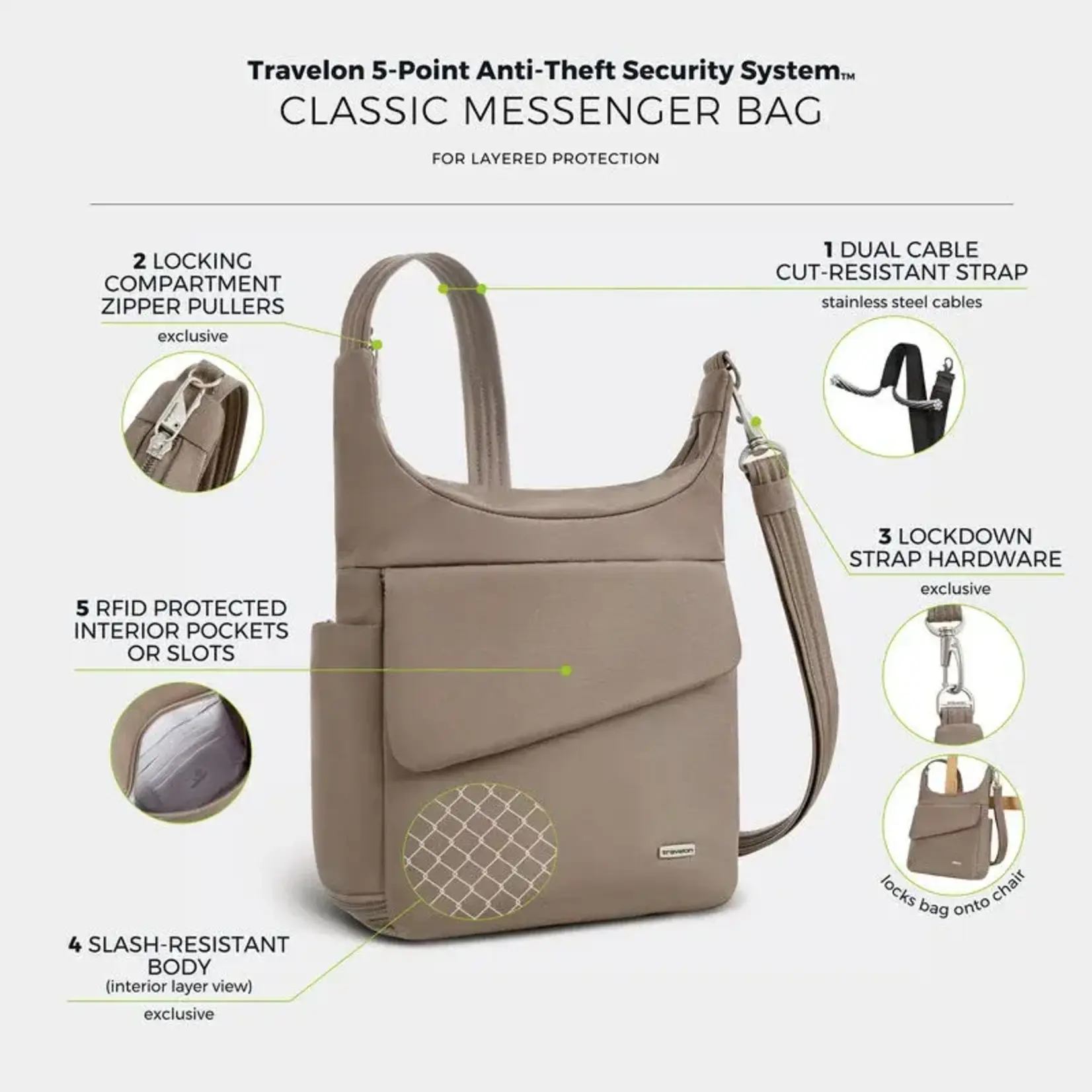 Travelon Sac messager classique antivol - Noisette