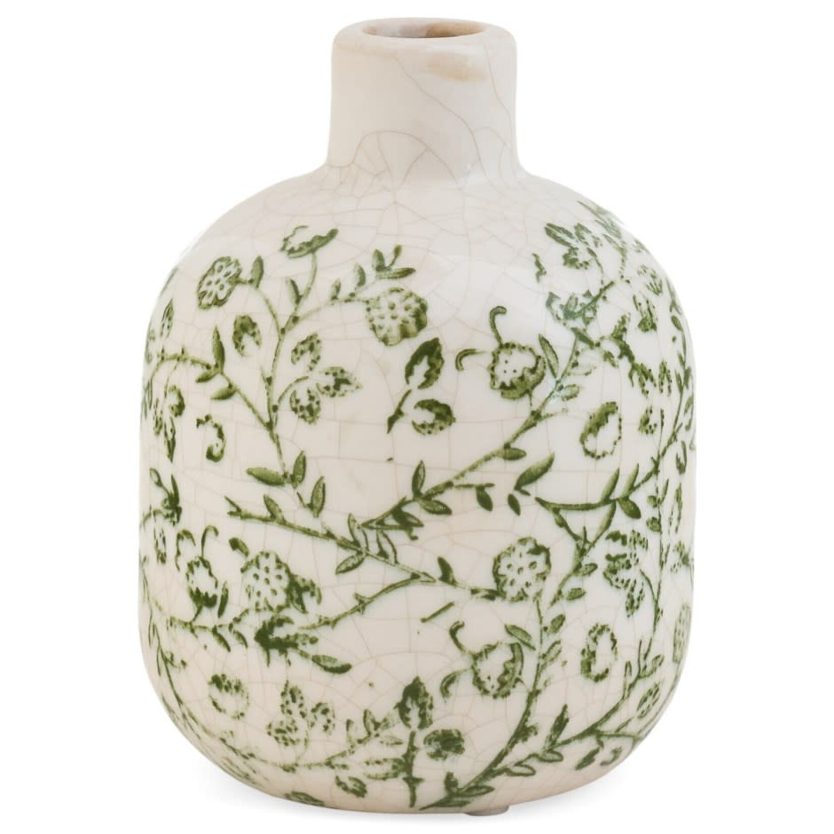 Accent de ville Vase petit format en grès à motif floral vert et beige  craquelé