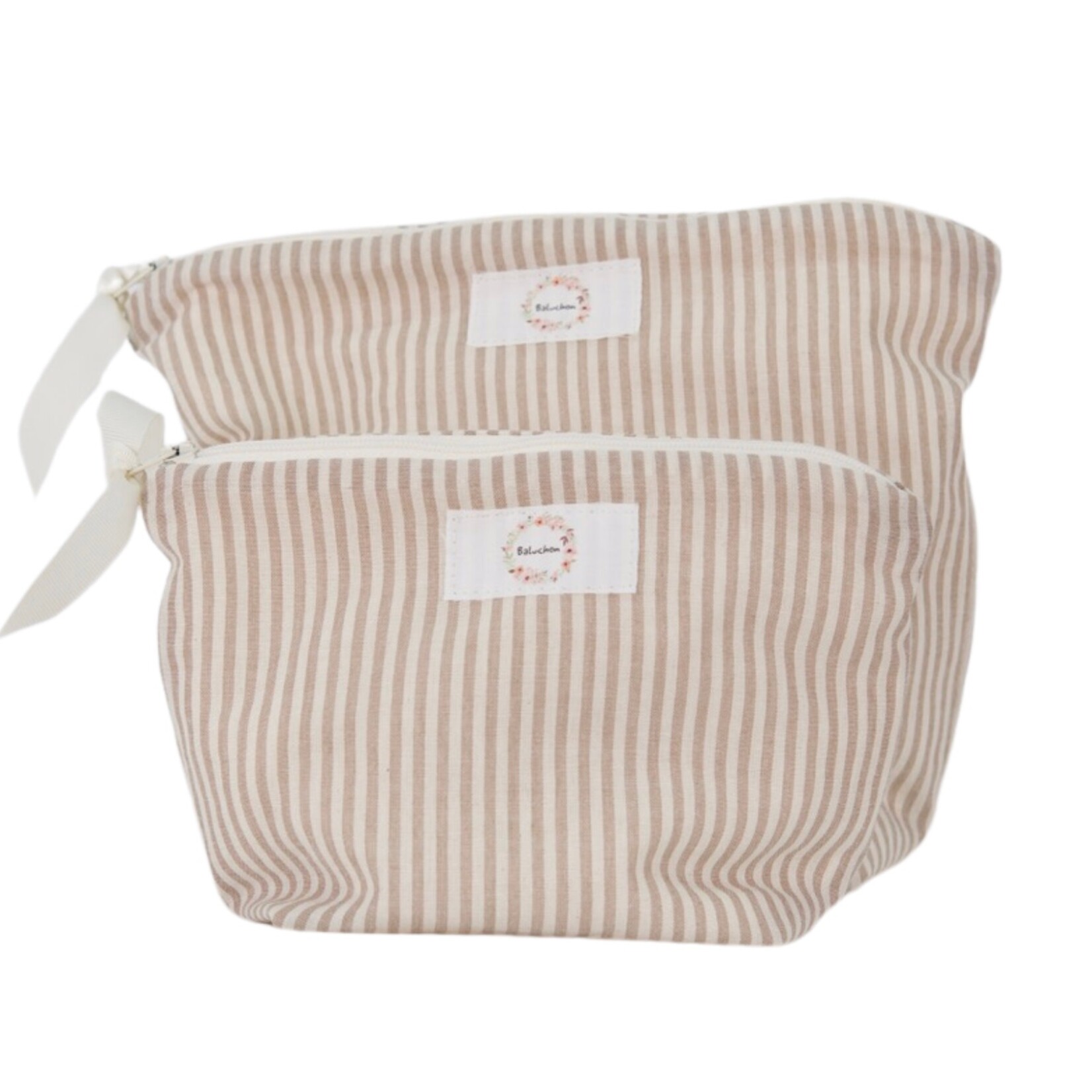 Baluchon Sac à cosmétique format petit -  Rayure blanc et beige
