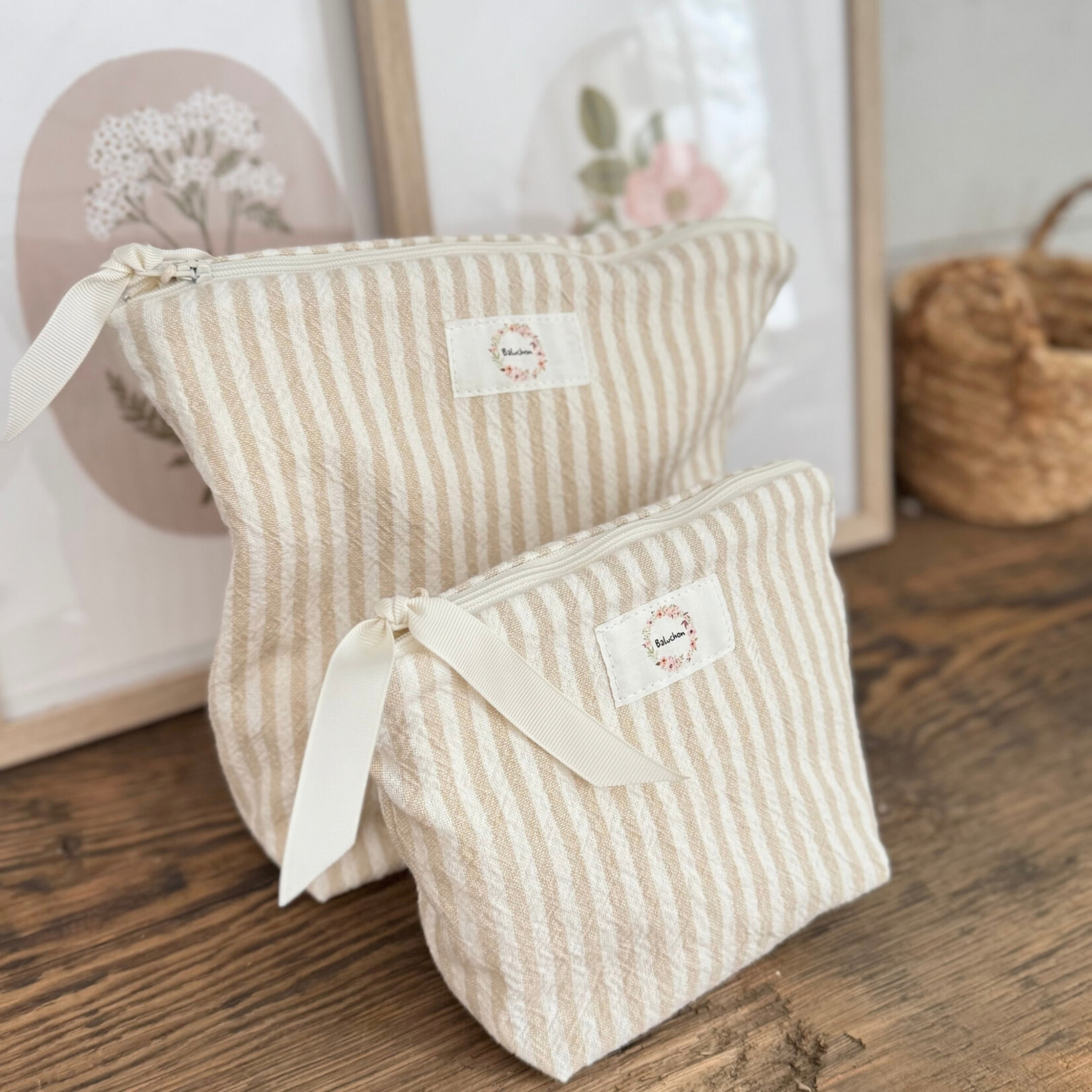Baluchon Sac à cosmétique format petit - Rayure blanc et jaune