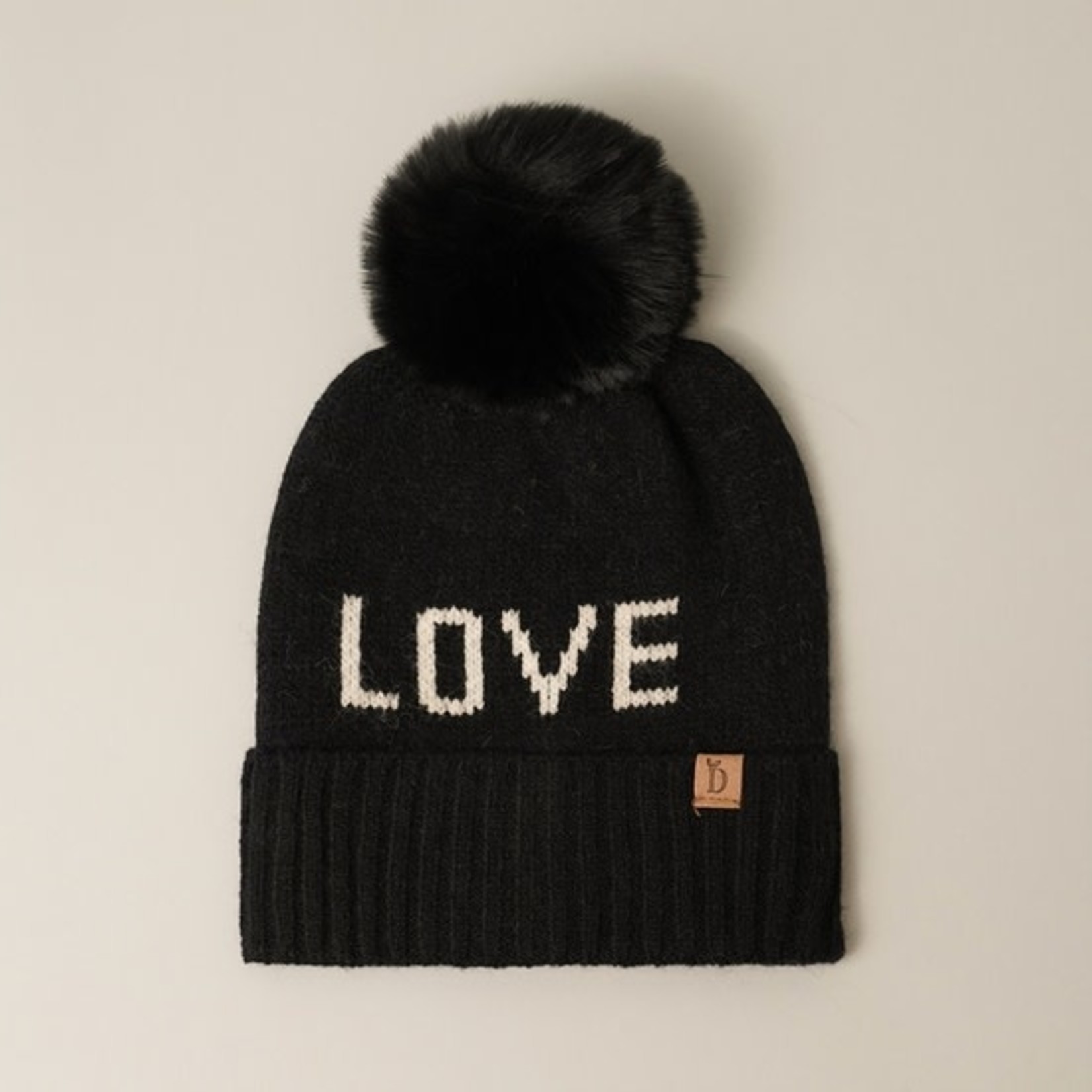 Fashion City Fashion City  Love Ribbed Cuff Knit Beanie Hat w Pom Pom