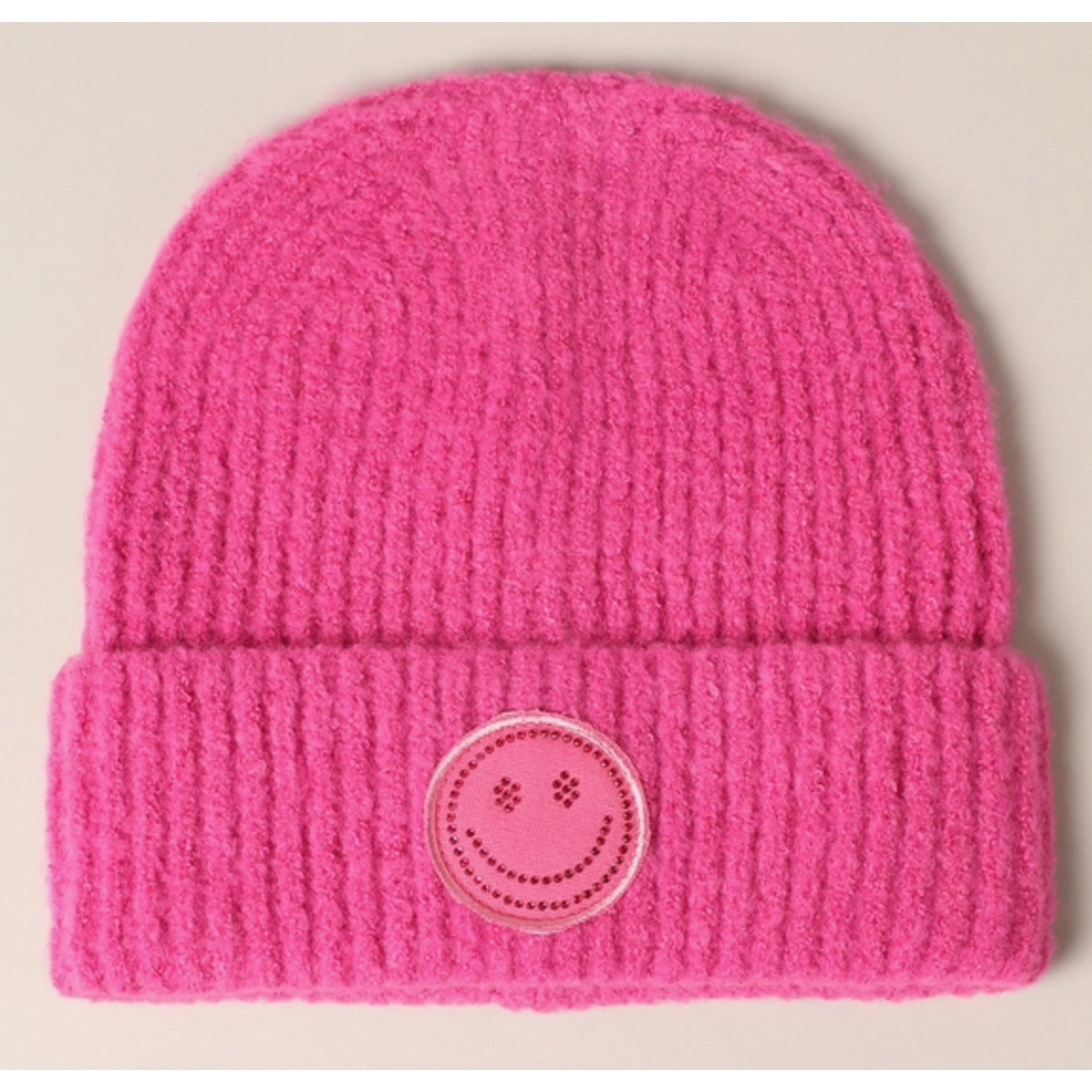 Fashion City FC Happy Face Patch Ribbed Cuff Beanie Pink