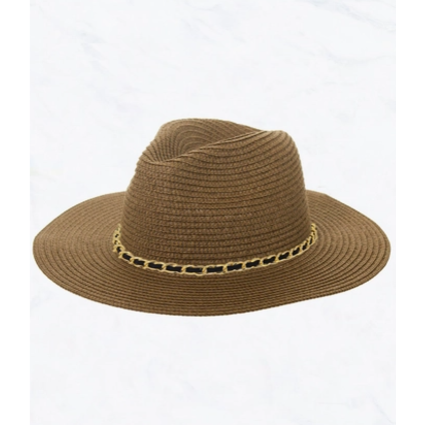 Suzie Q SQ Chained Leather Belt Sunscreen Straw Hat Coffee
