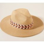 Suzie Q SQ Chevron Belt Summer Straw Sun Fedora Hat Beige