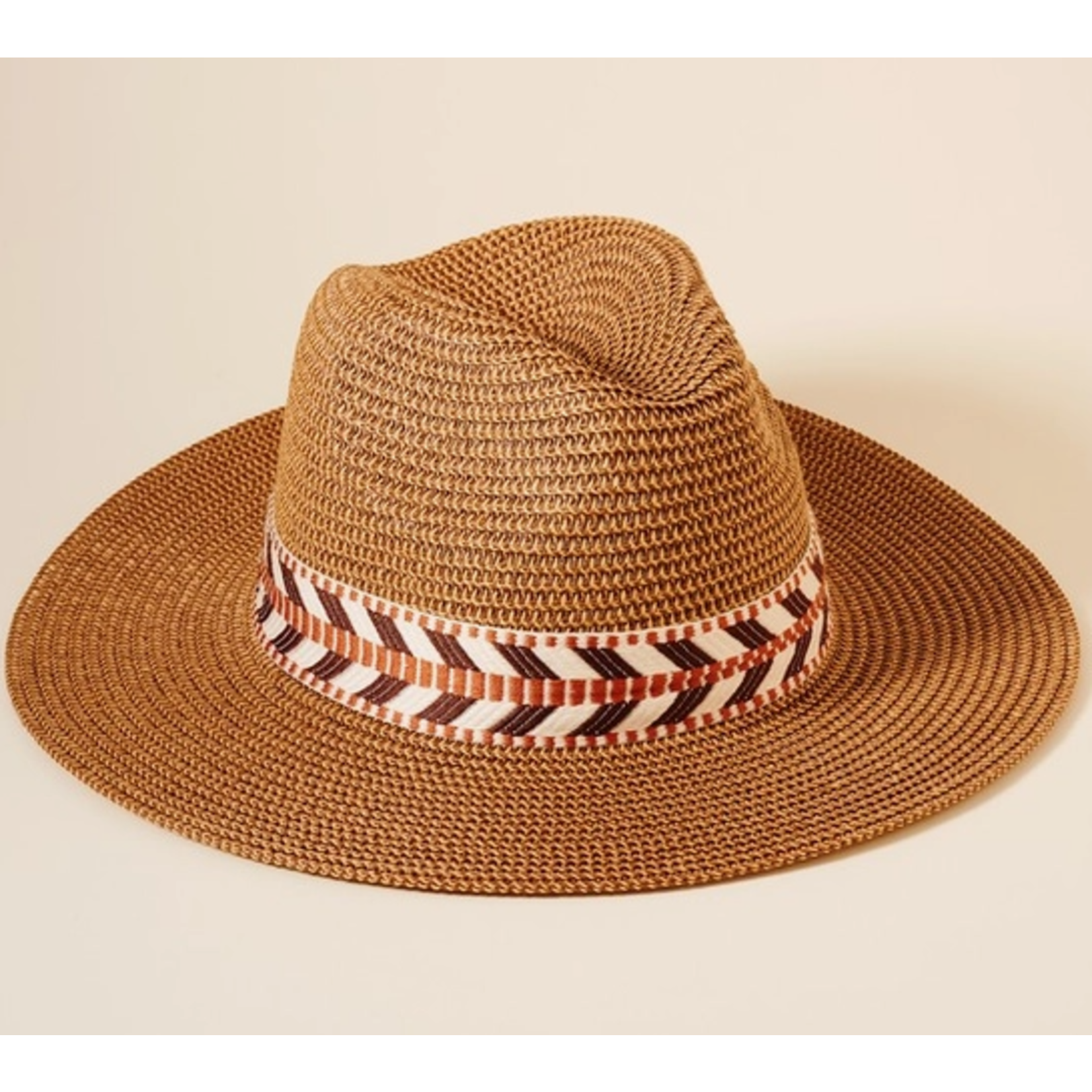 Suzie Q SQ Chevron Belt Summer Straw Sun Fedora Hat Brown