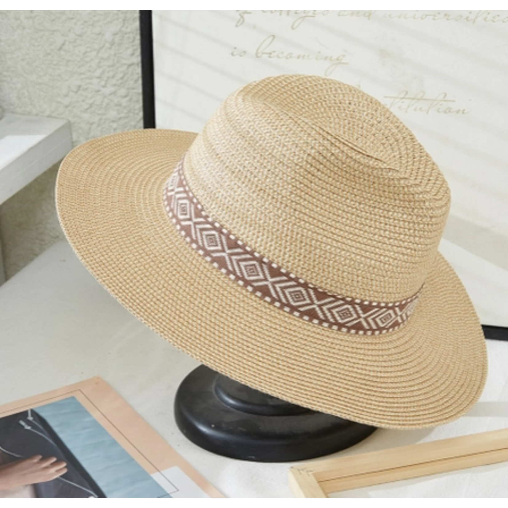 Suzie Q Suzie Q Two Tone Straw Hat with Aztec Pattern Trim Beige