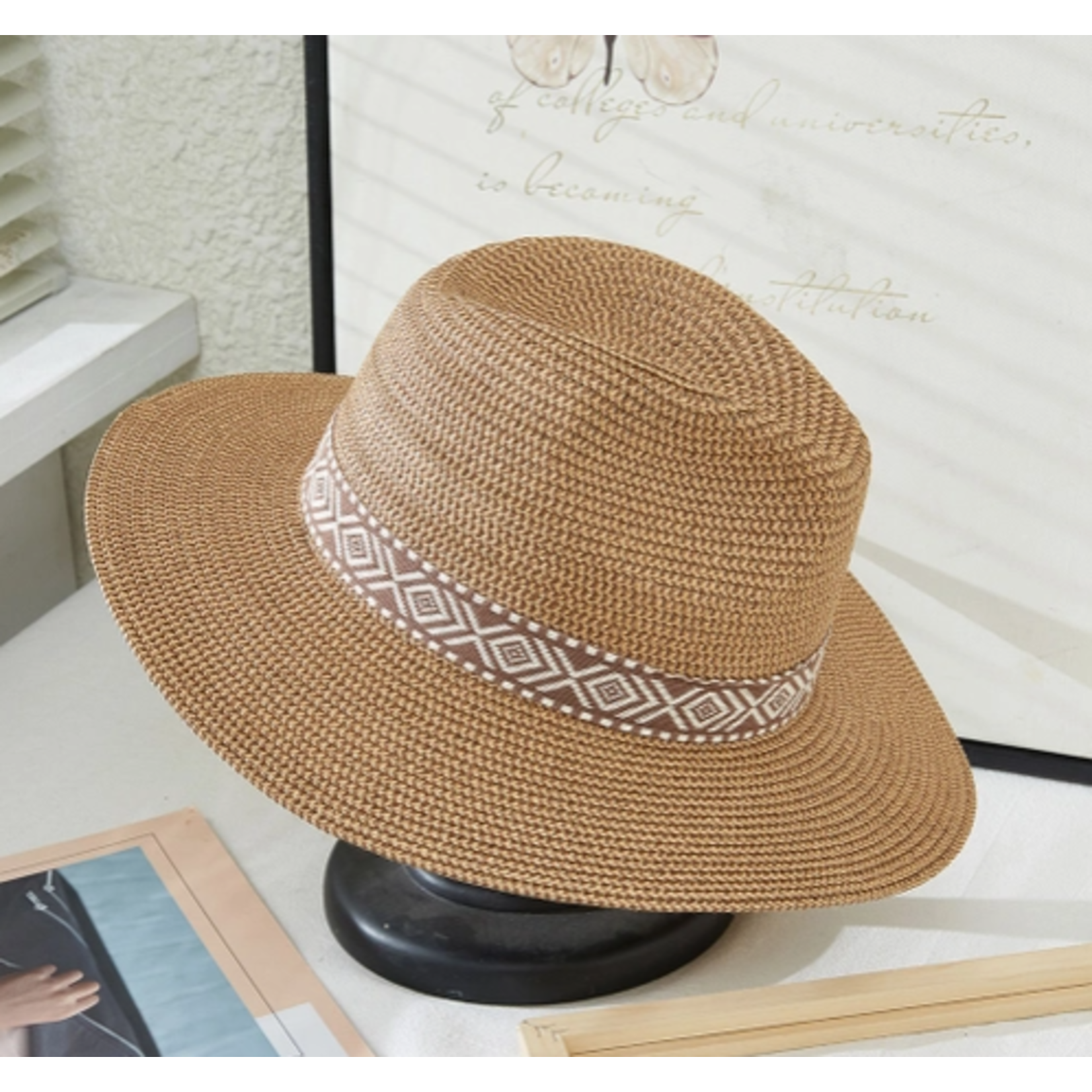 Suzie Q Suzie Q Two Tone Straw Hat with Aztec Pattern Trim Natural