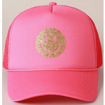 Fashion City FC Gold Happy Face Foam Trucker Hat Fuchsia