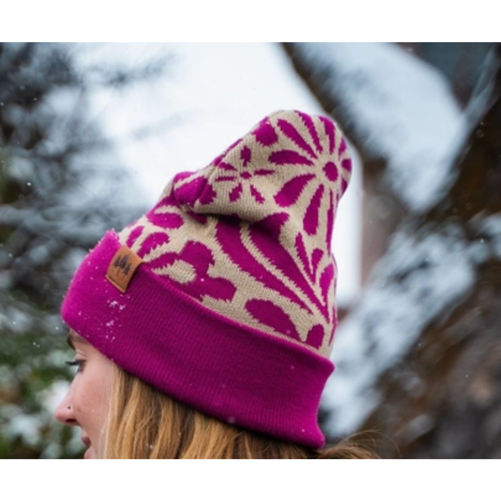 The Montana Scene TMS Floral Pattern Fold Over Beanie - Magenta