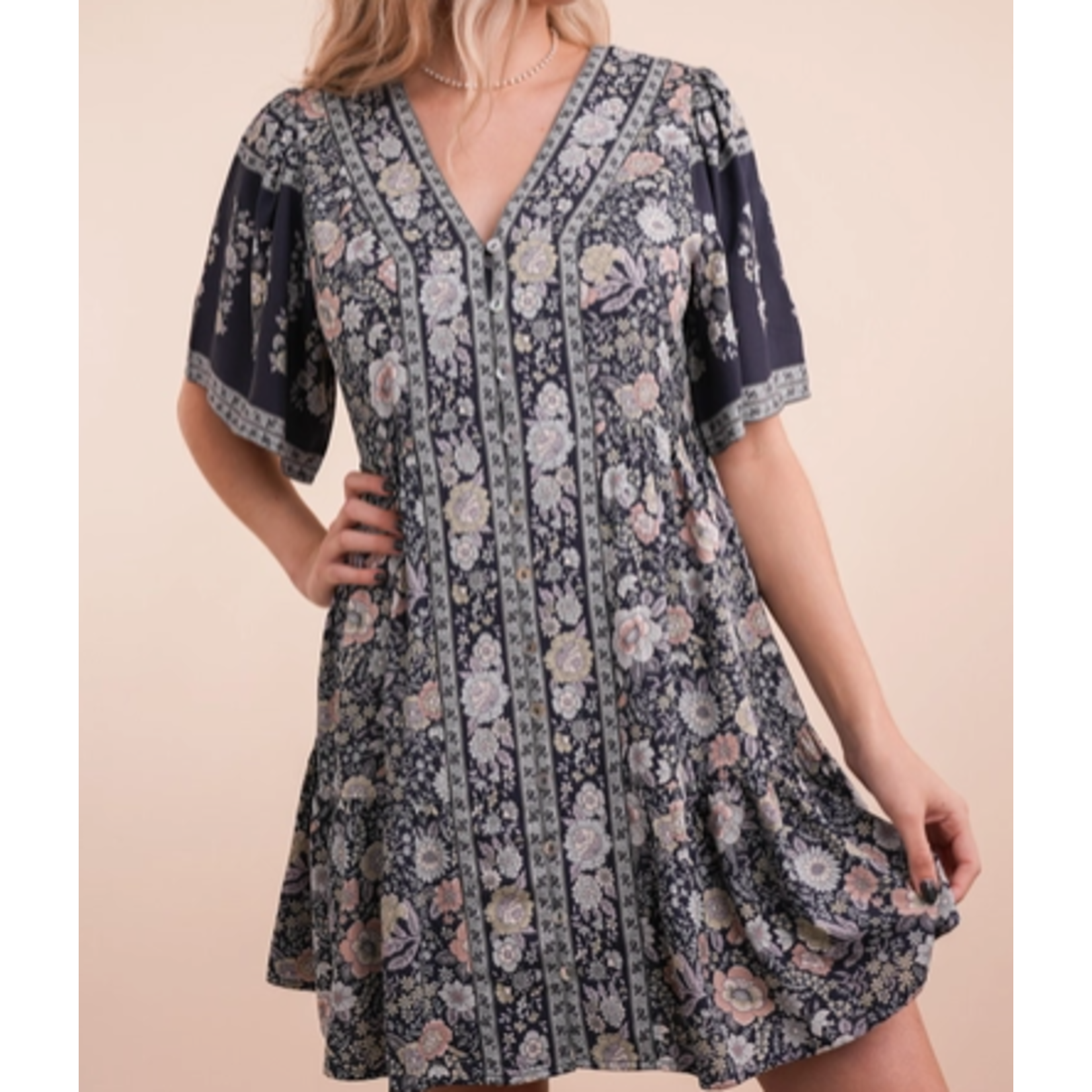 Very J Very J Shirring Detail Printed Woven Mini Dress