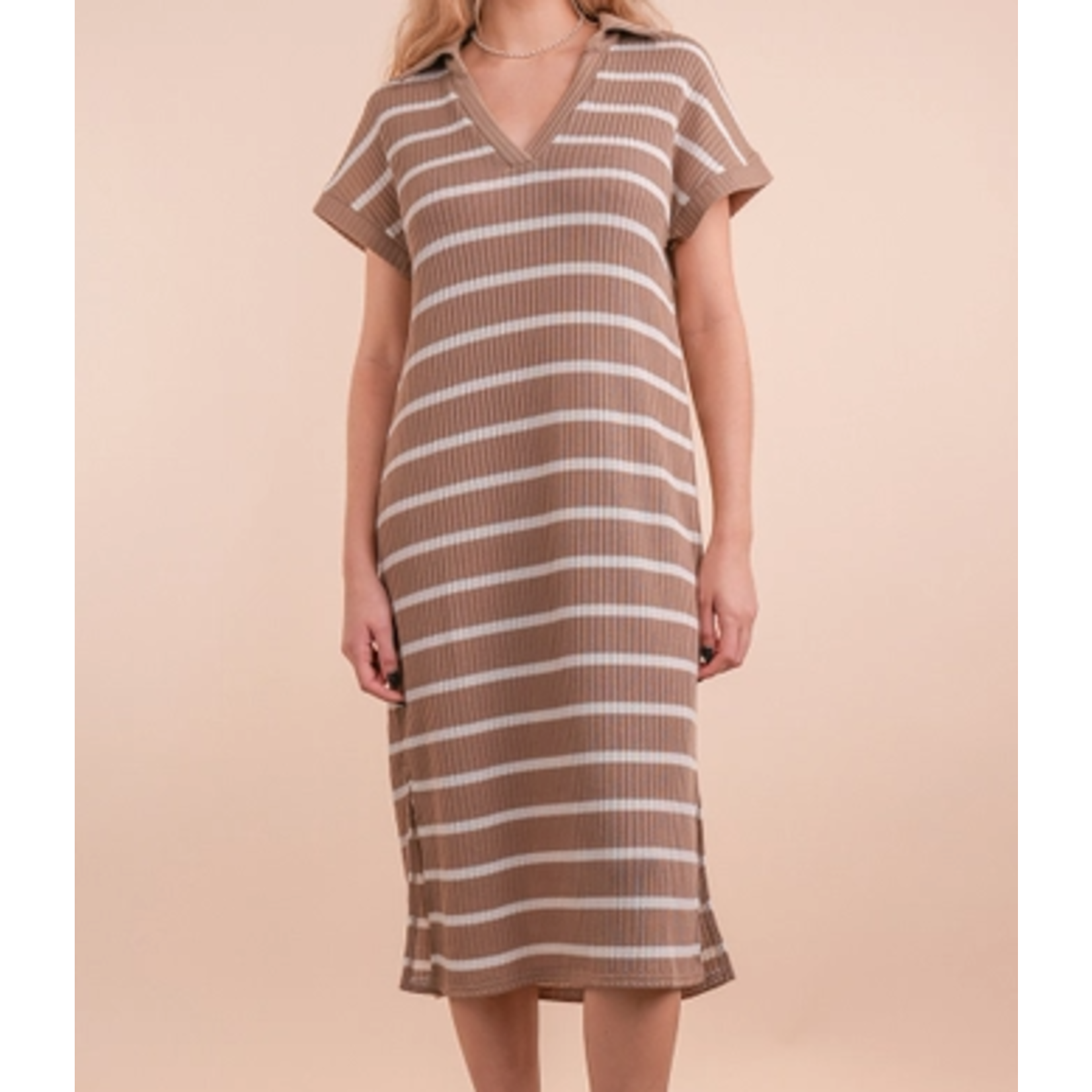 Very J Very J Oversized Collared Striped Knit Midi Dress