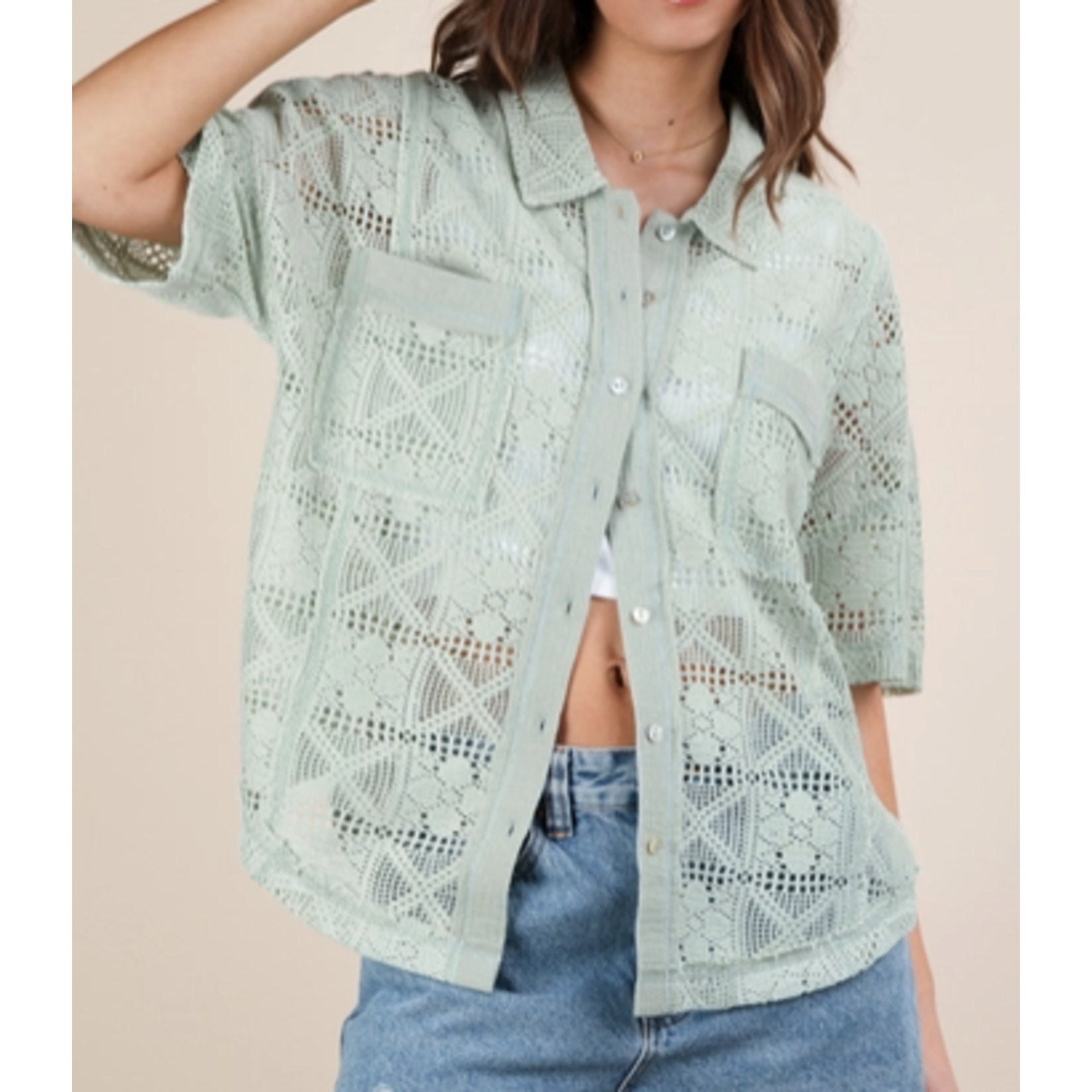 Very J Very J -Oversized Crochet Button Down Shirt Top