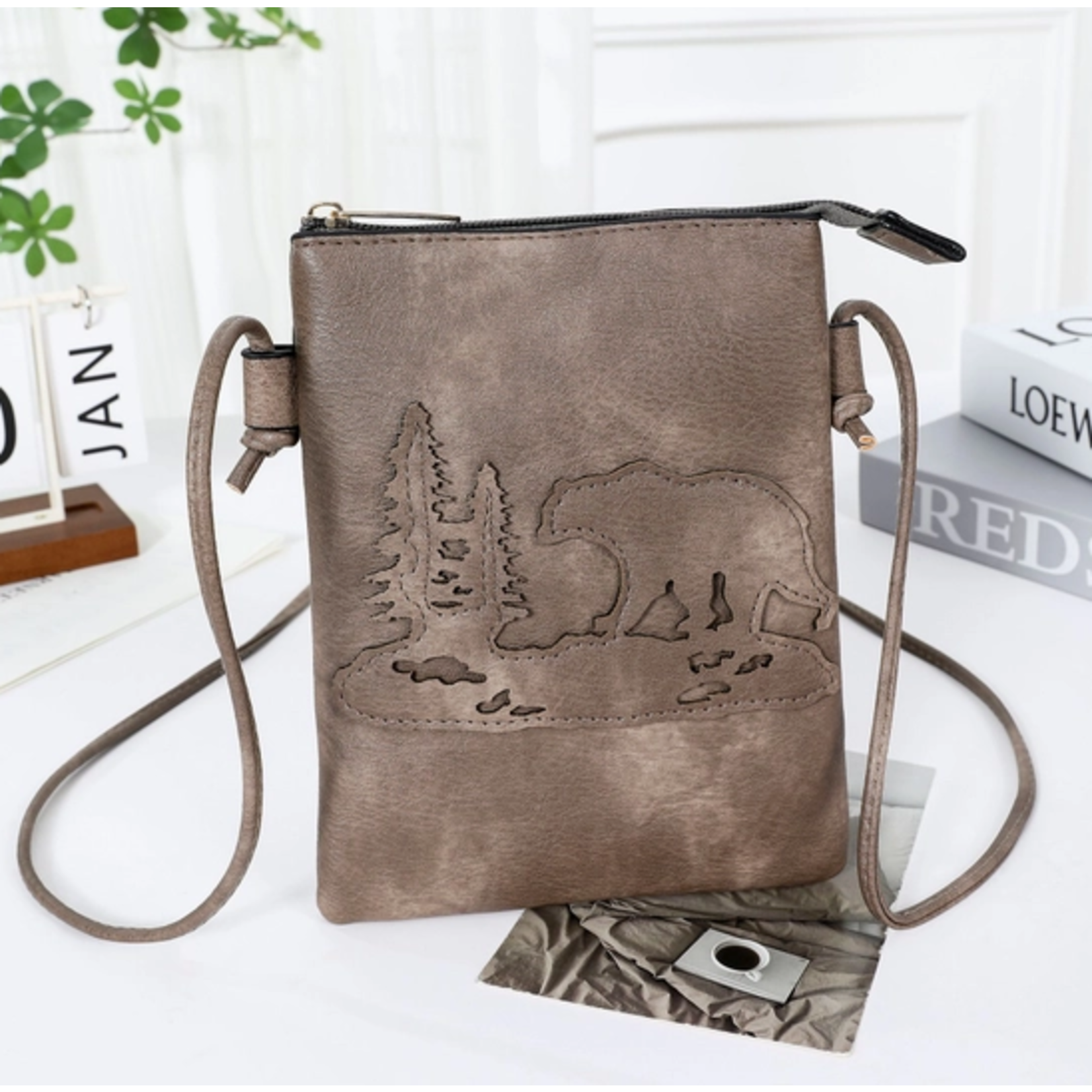 Shine Mark Accessories SMA Taupe - Black Bear Laser Cut Crossbody Cellphone Bag